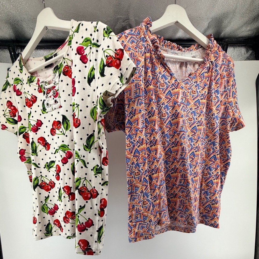Rafaella Womens XL Cotton Top Lot 2 Cherry Polka Dot Lace Up Geometric Tee